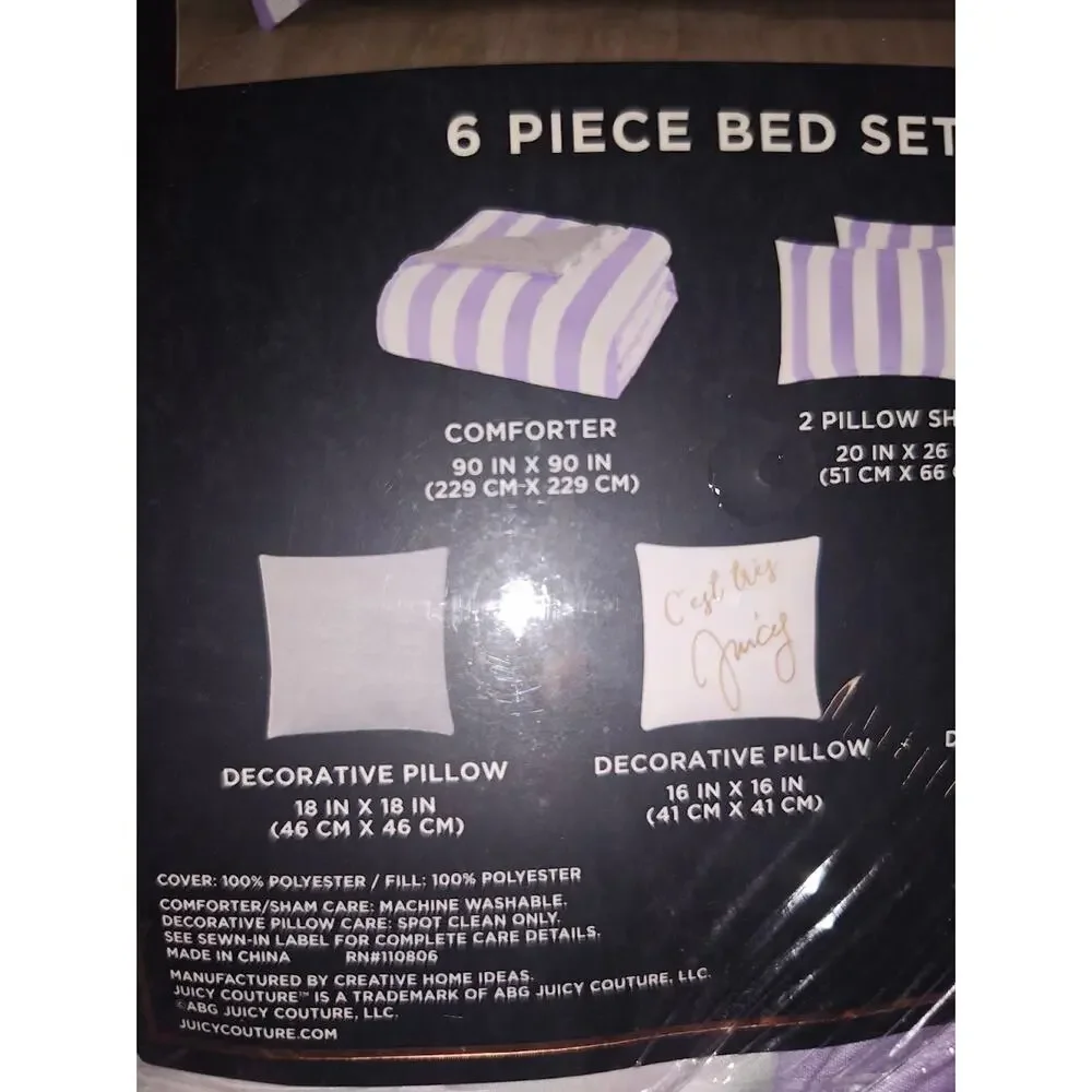 Juicy Couture Cabana Stripe Reversible Bedding Set - Queen/Full Size - Lavender